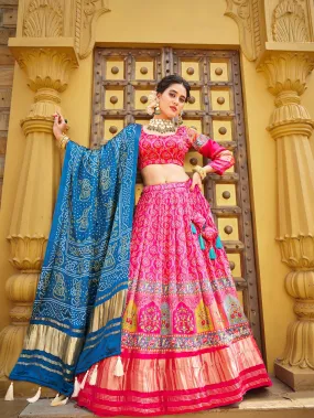 Pink Color Digital Printed gaji Silk Lehenga