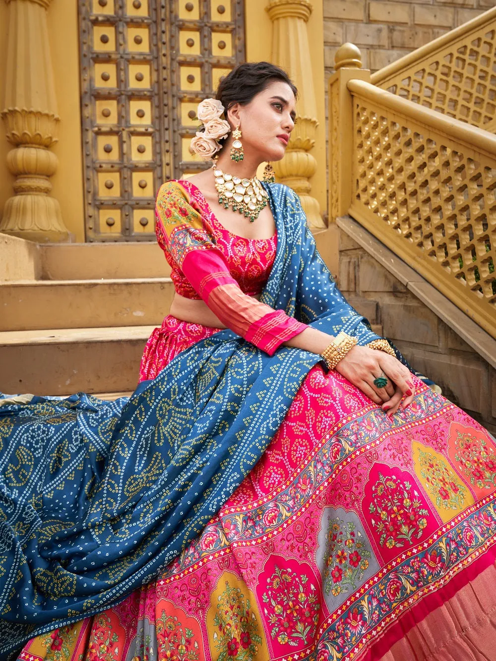 Pink Color Digital Printed gaji Silk Lehenga