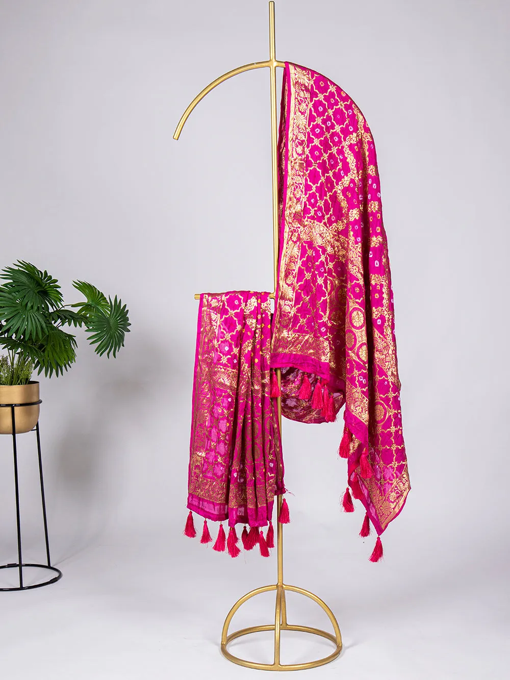 Pink Color Zari Weaving Work Original Bandhej Silk Dupatta