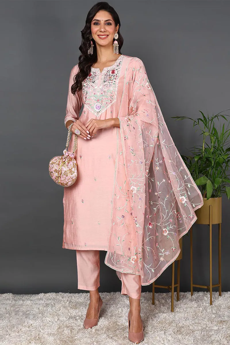 Pink Silk Blend Solid Embroidered Straight Suit Set