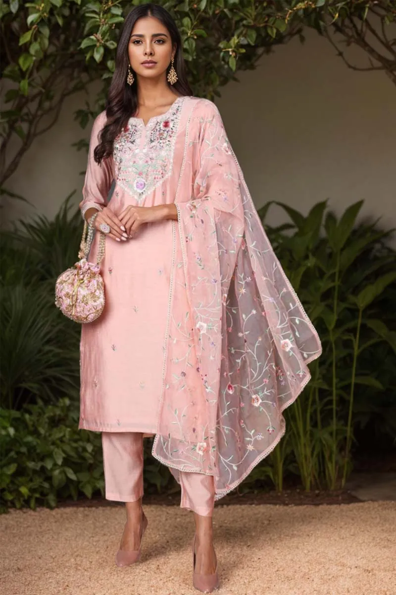 Pink Silk Blend Solid Embroidered Straight Suit Set