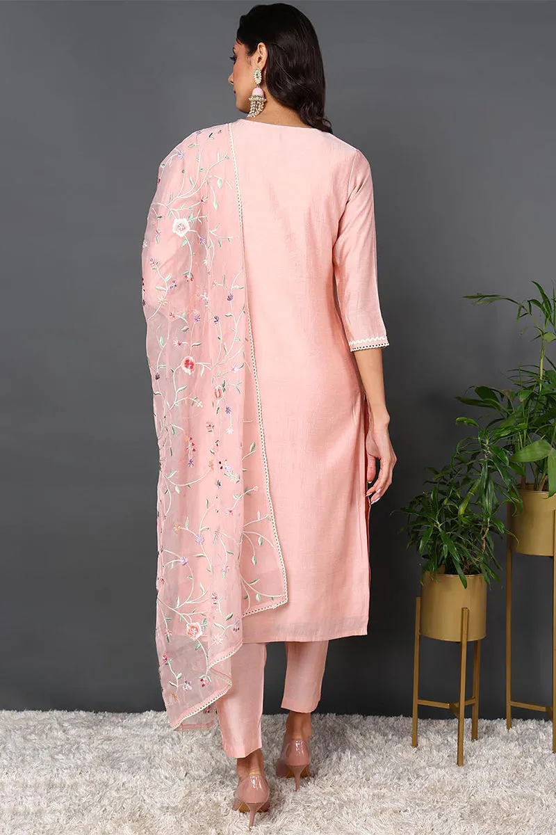 Pink Silk Blend Solid Embroidered Straight Suit Set