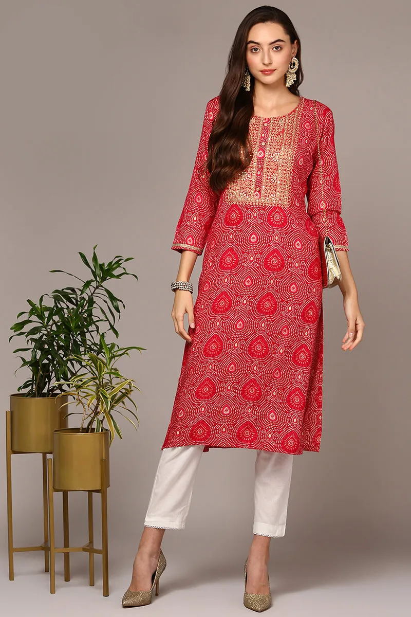 Pink Viscose Rayon Bandhani Straight Kurta