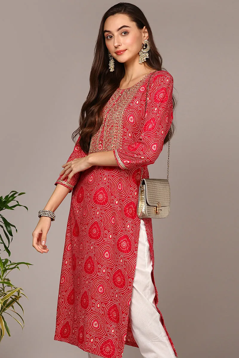 Pink Viscose Rayon Bandhani Straight Kurta