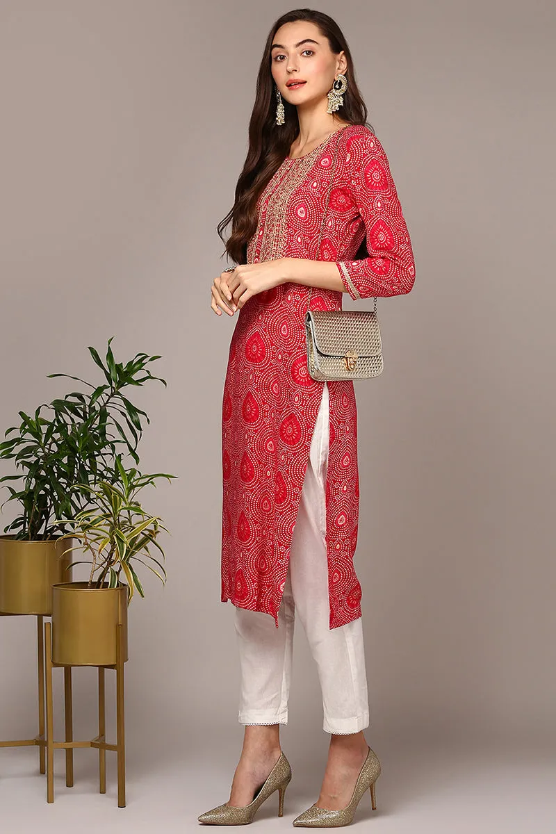 Pink Viscose Rayon Bandhani Straight Kurta