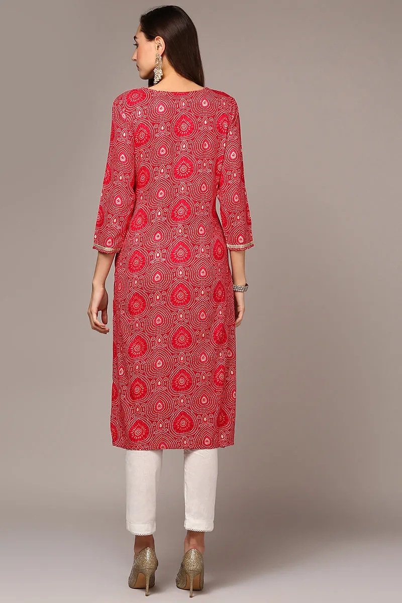 Pink Viscose Rayon Bandhani Straight Kurta