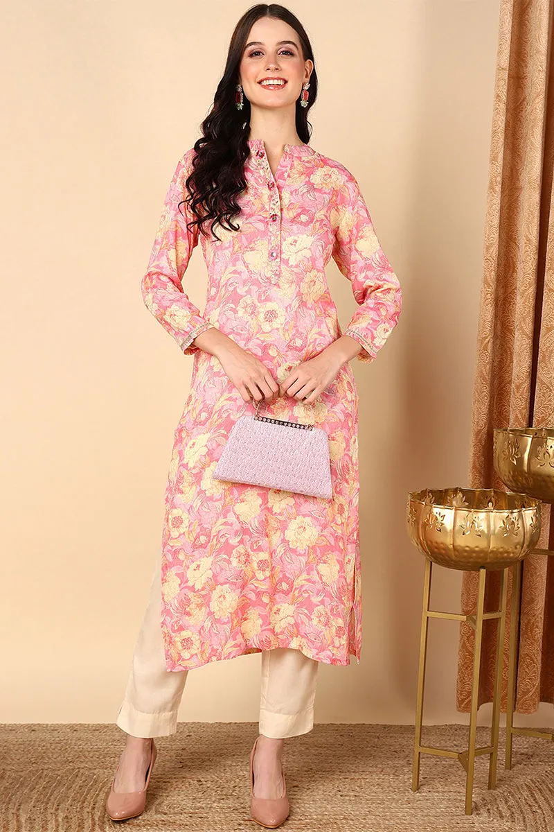 Pink Viscose Rayon Floral Printed Kurta