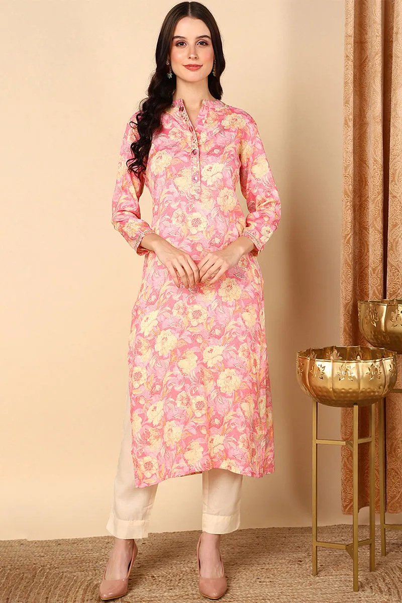 Pink Viscose Rayon Floral Printed Kurta