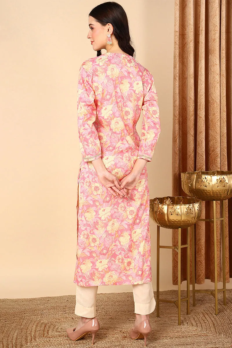 Pink Viscose Rayon Floral Printed Kurta