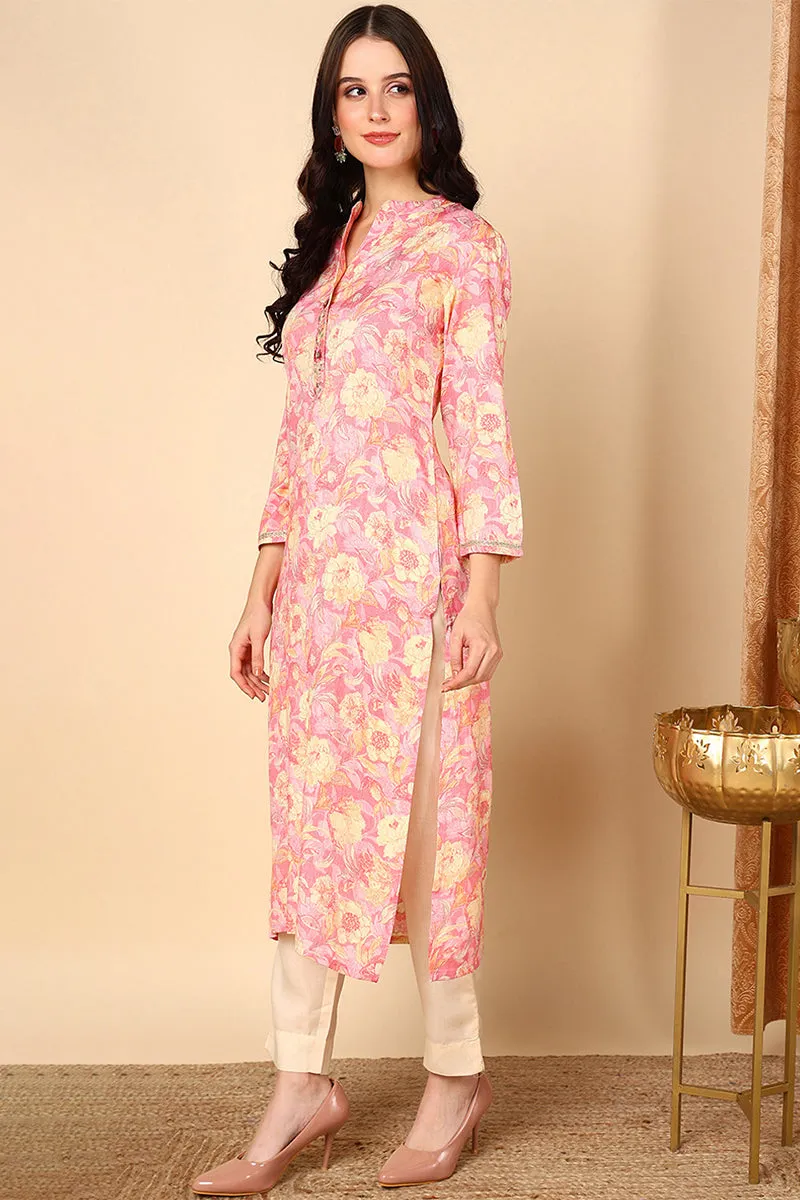 Pink Viscose Rayon Floral Printed Kurta