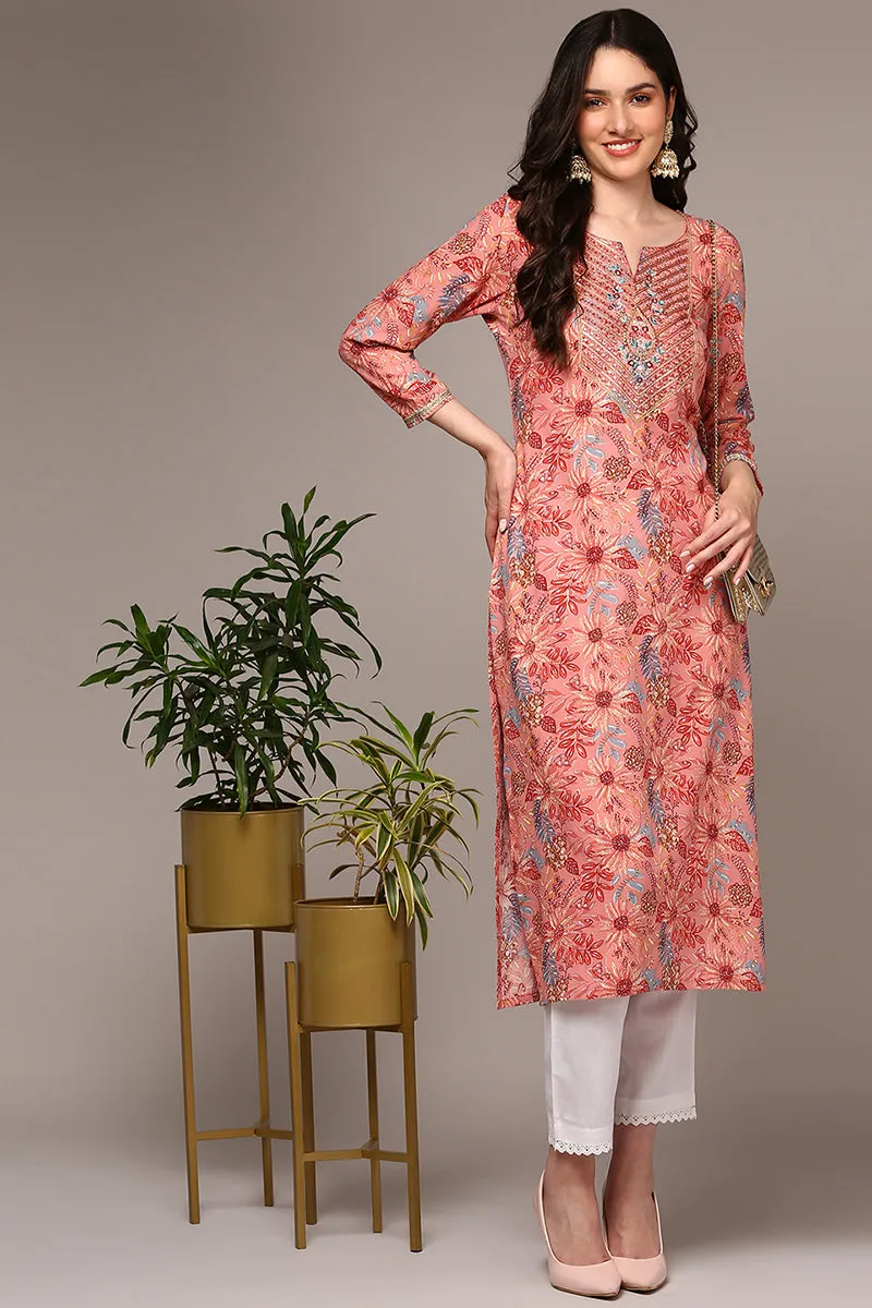 Pink Viscose Rayon Floral Straight Kurta