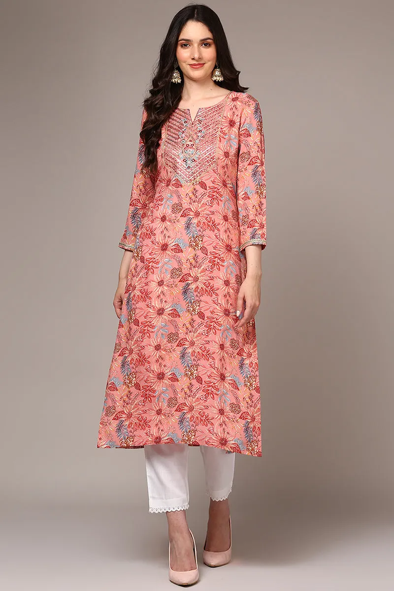 Pink Viscose Rayon Floral Straight Kurta