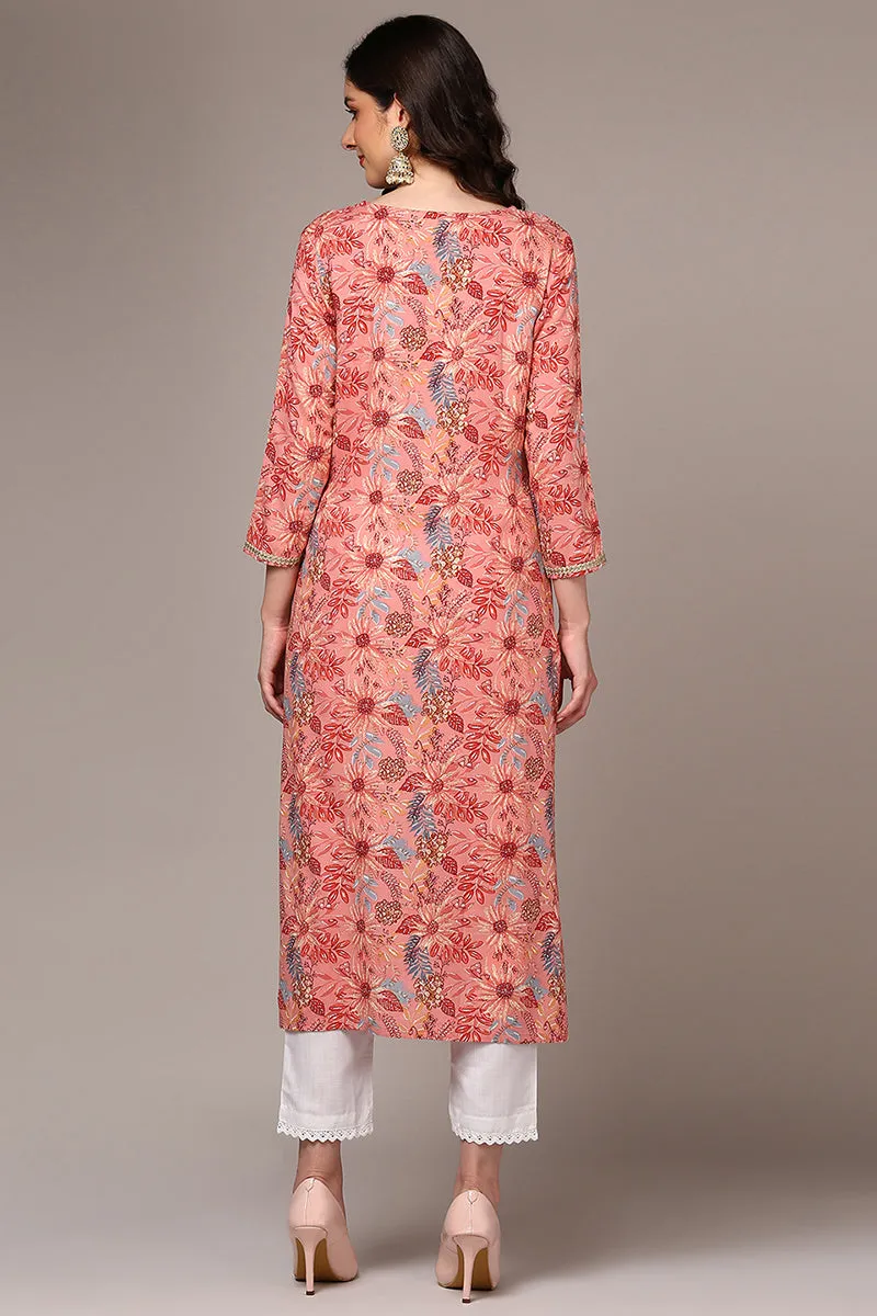 Pink Viscose Rayon Floral Straight Kurta