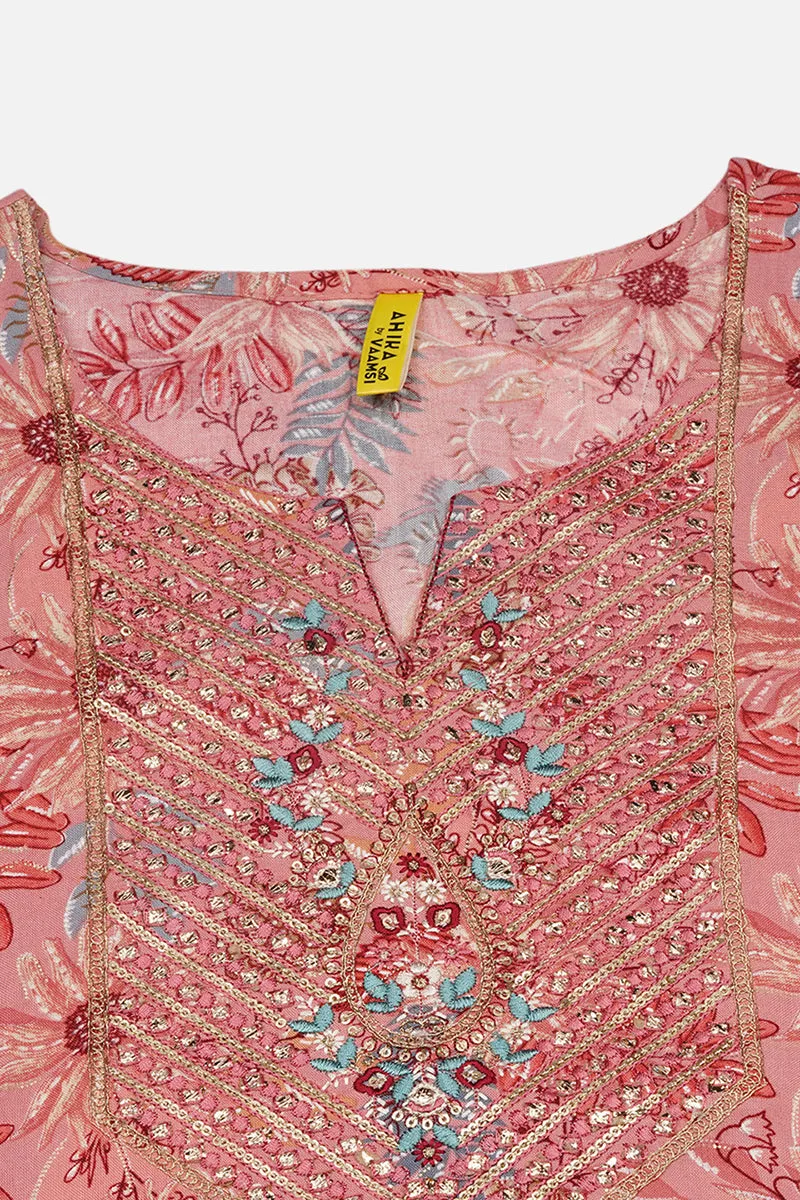 Pink Viscose Rayon Floral Straight Kurta