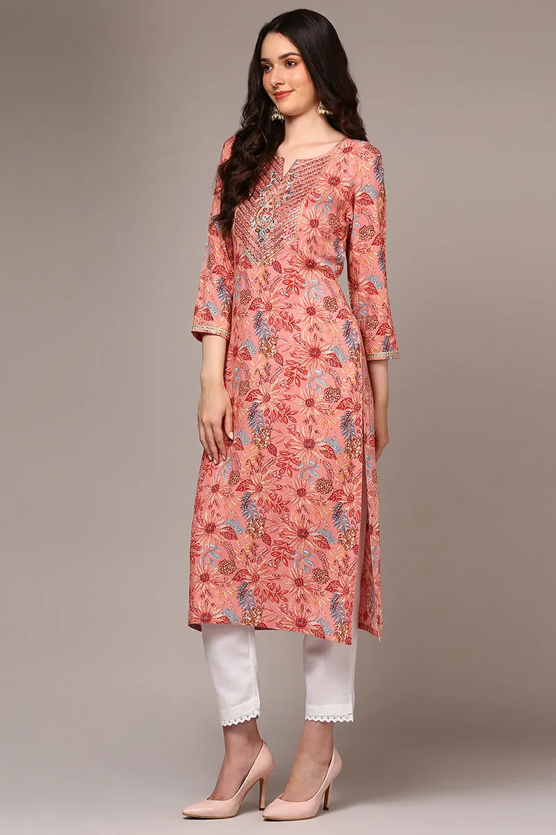 Pink Viscose Rayon Floral Straight Kurta