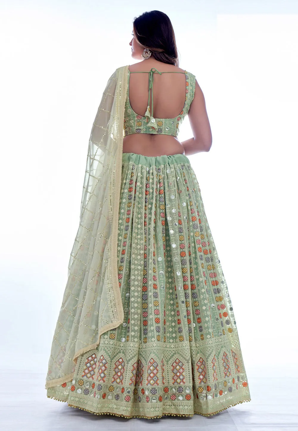 Pista Green Multi Sequence Embroidery Wedding Lehenga Choli