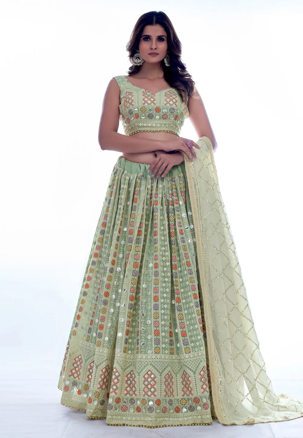 Pista Green Multi Sequence Embroidery Wedding Lehenga Choli