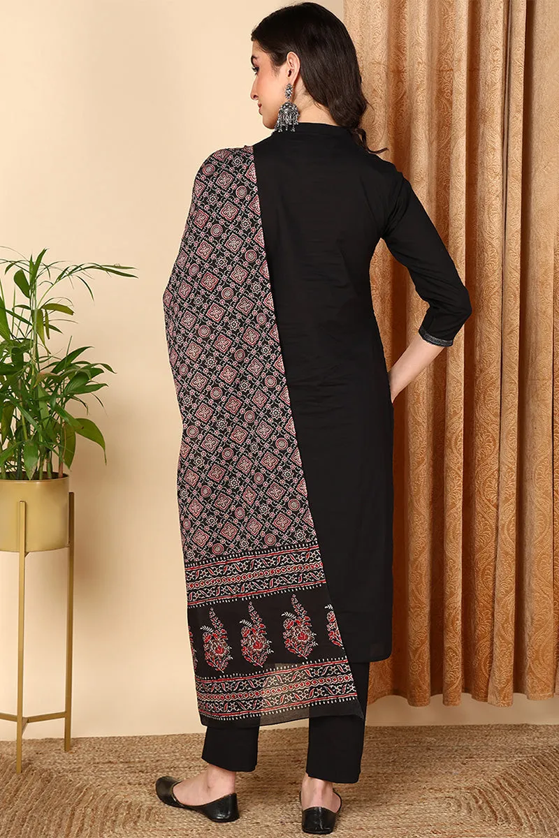 Plus Size Black Pure Cotton Solid Embroidered Straight Suit Set