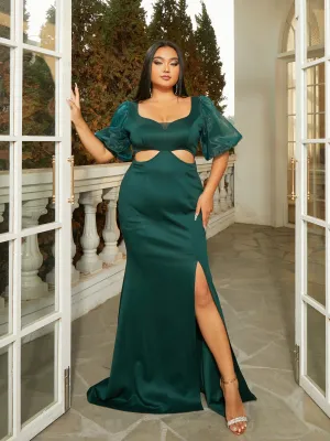 Plus Size Puff Sleeve Cut Out Knit Green Prom Dress PRM21123