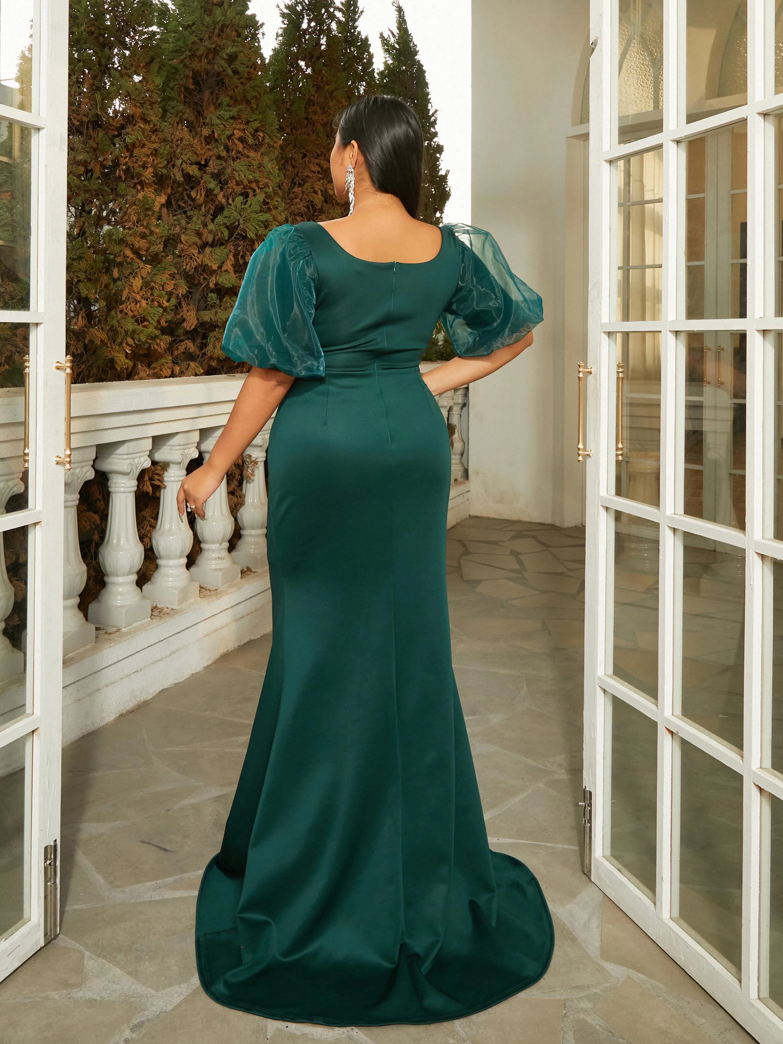 Plus Size Puff Sleeve Cut Out Knit Green Prom Dress PRM21123