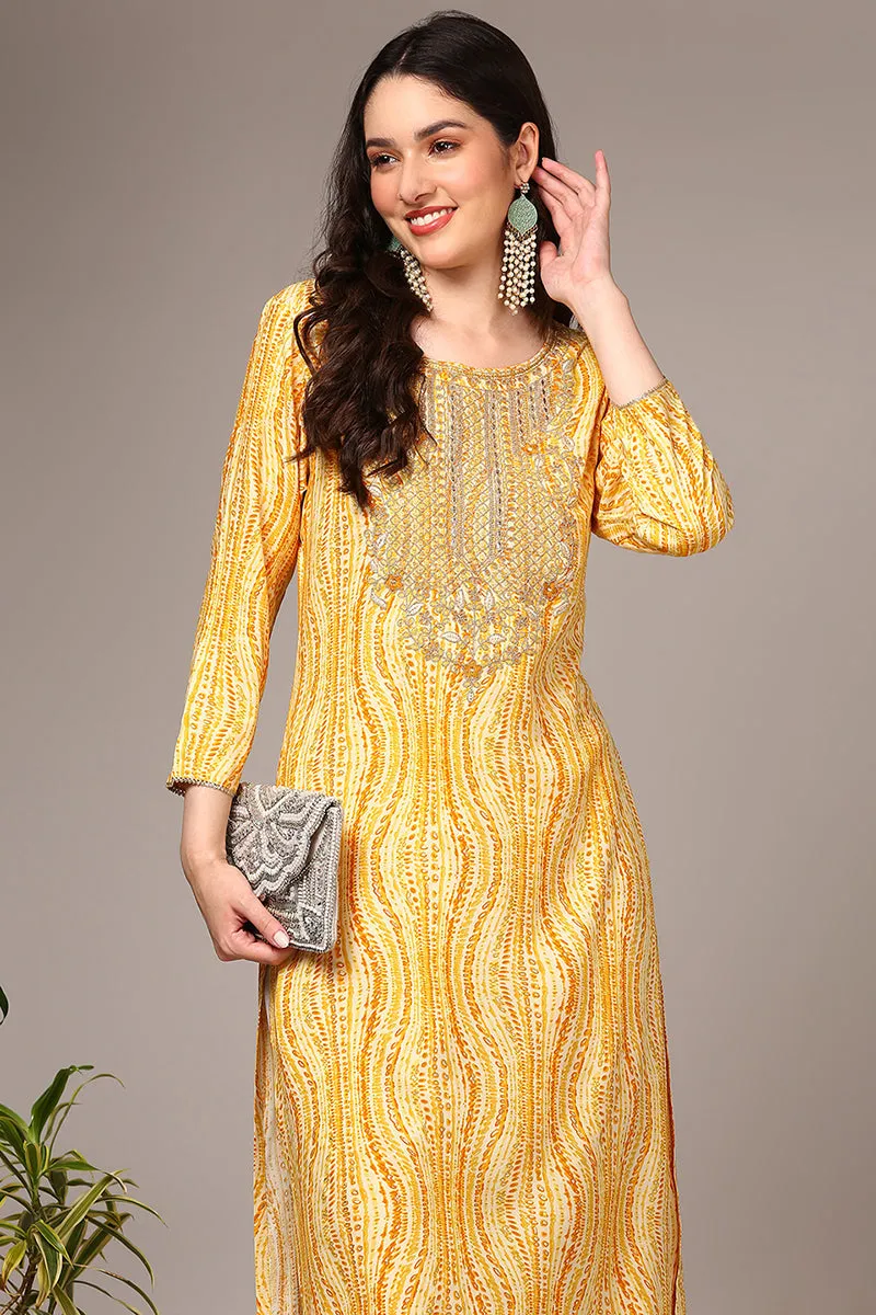 Plus Size Yellow Viscose Rayon Abstract Printed Kurta