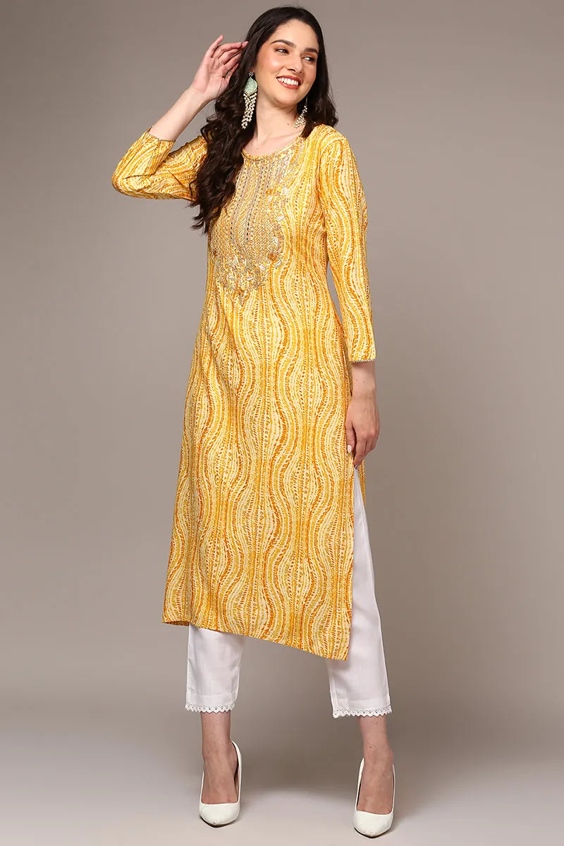 Plus Size Yellow Viscose Rayon Abstract Printed Kurta