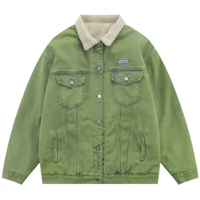 PopFlying Bright Green Denim Jacket Sherpa Lining