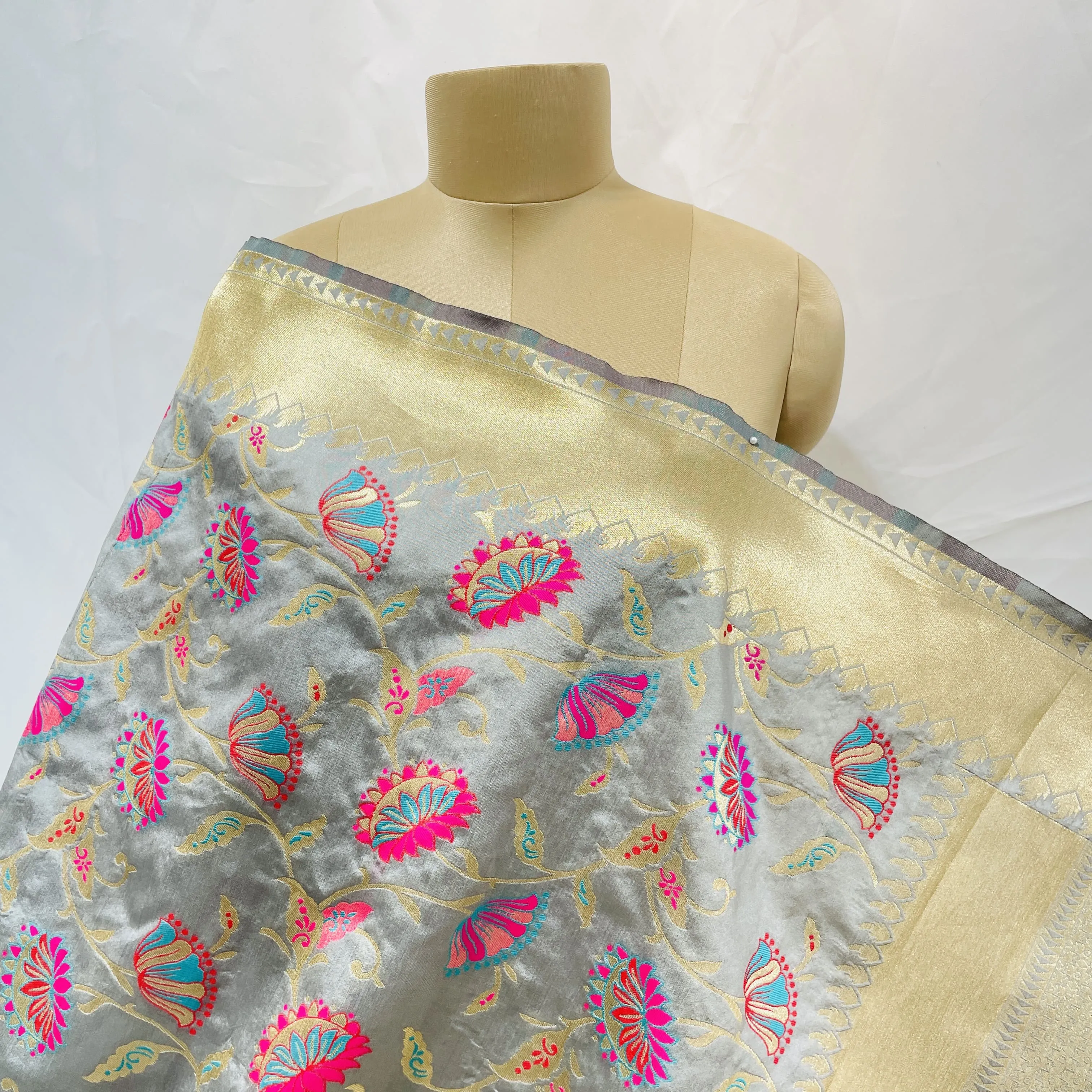 Premium Grey Floral Print Banarasi Jacquard Dupatta