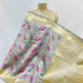 Premium Grey Floral Print Banarasi Jacquard Dupatta