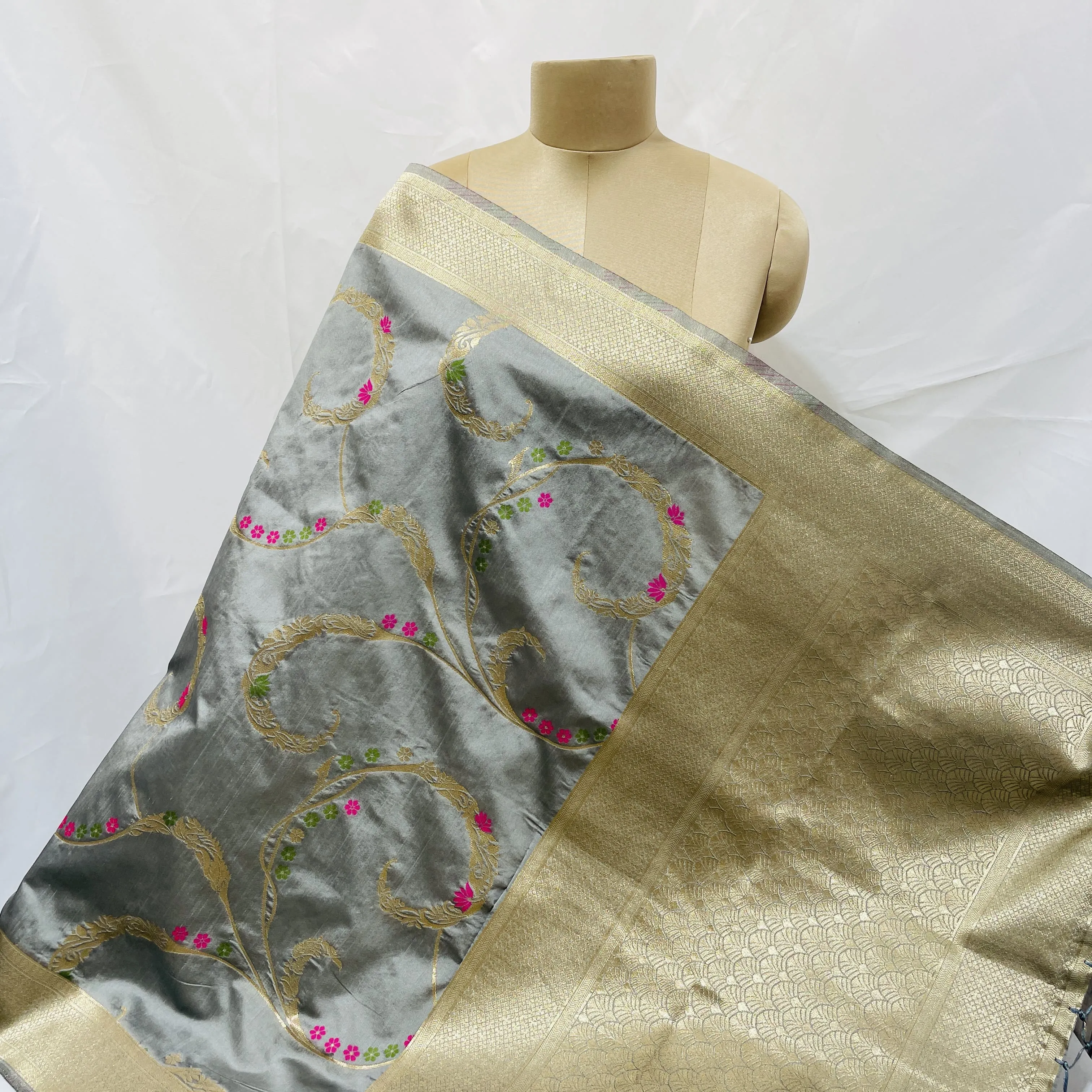 Premium Grey Floral Print Banarsi Jacquard Dupatta