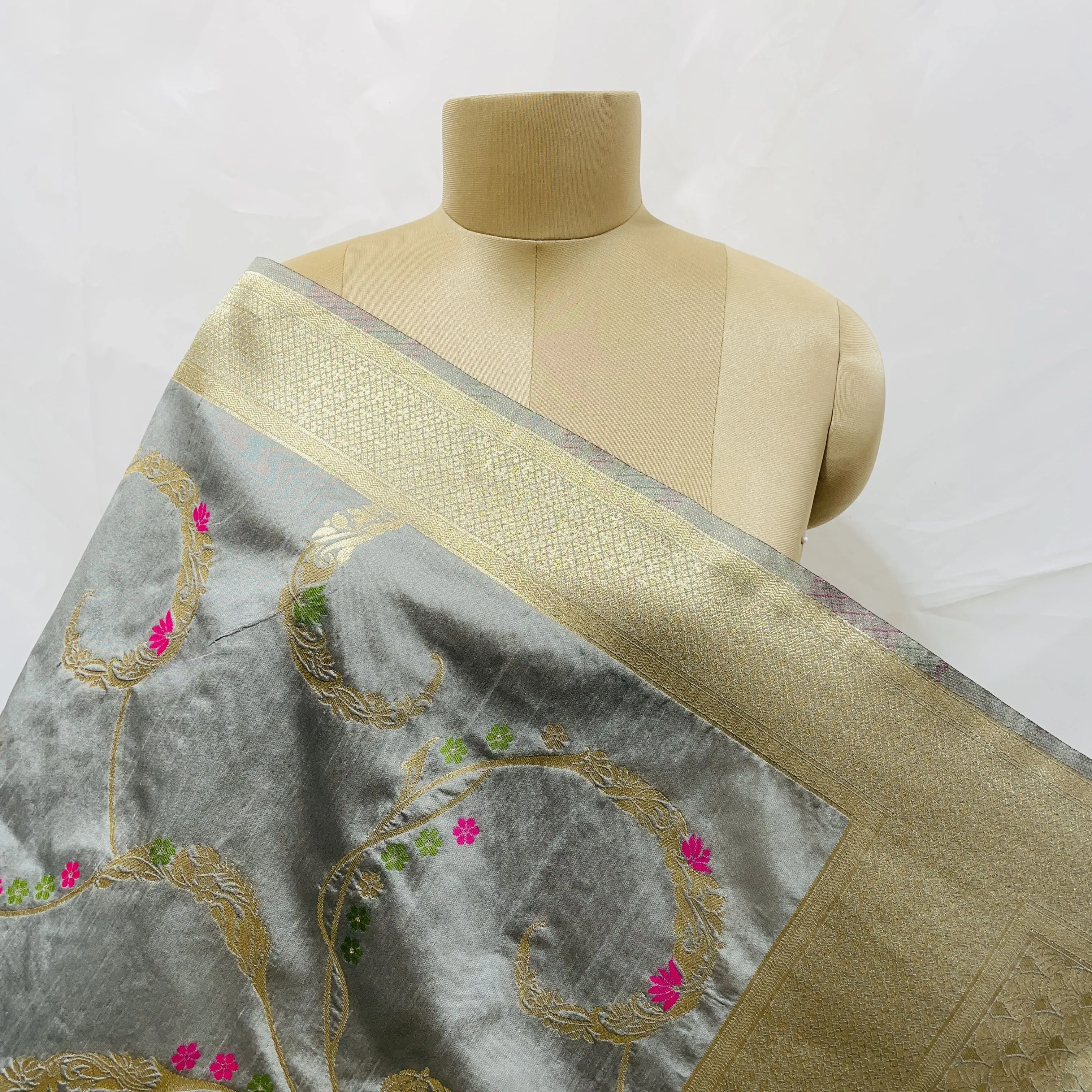 Premium Grey Floral Print Banarsi Jacquard Dupatta