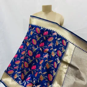 Premium Navy Blue Floral Print Banarasi Jacquard Dupatta