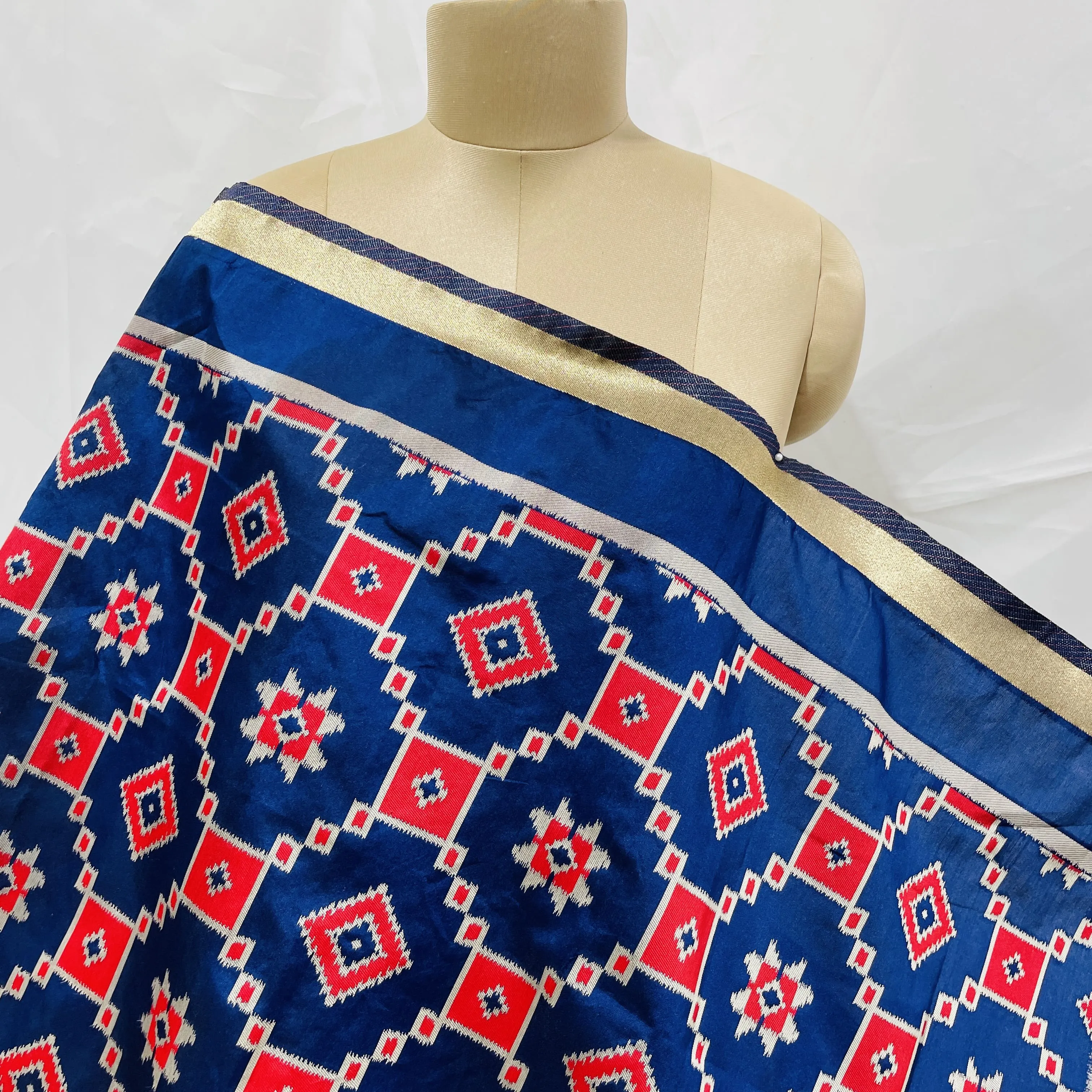 Premium Navy Blue Red Geometrical Print Banarasi Jacquard Dupatta