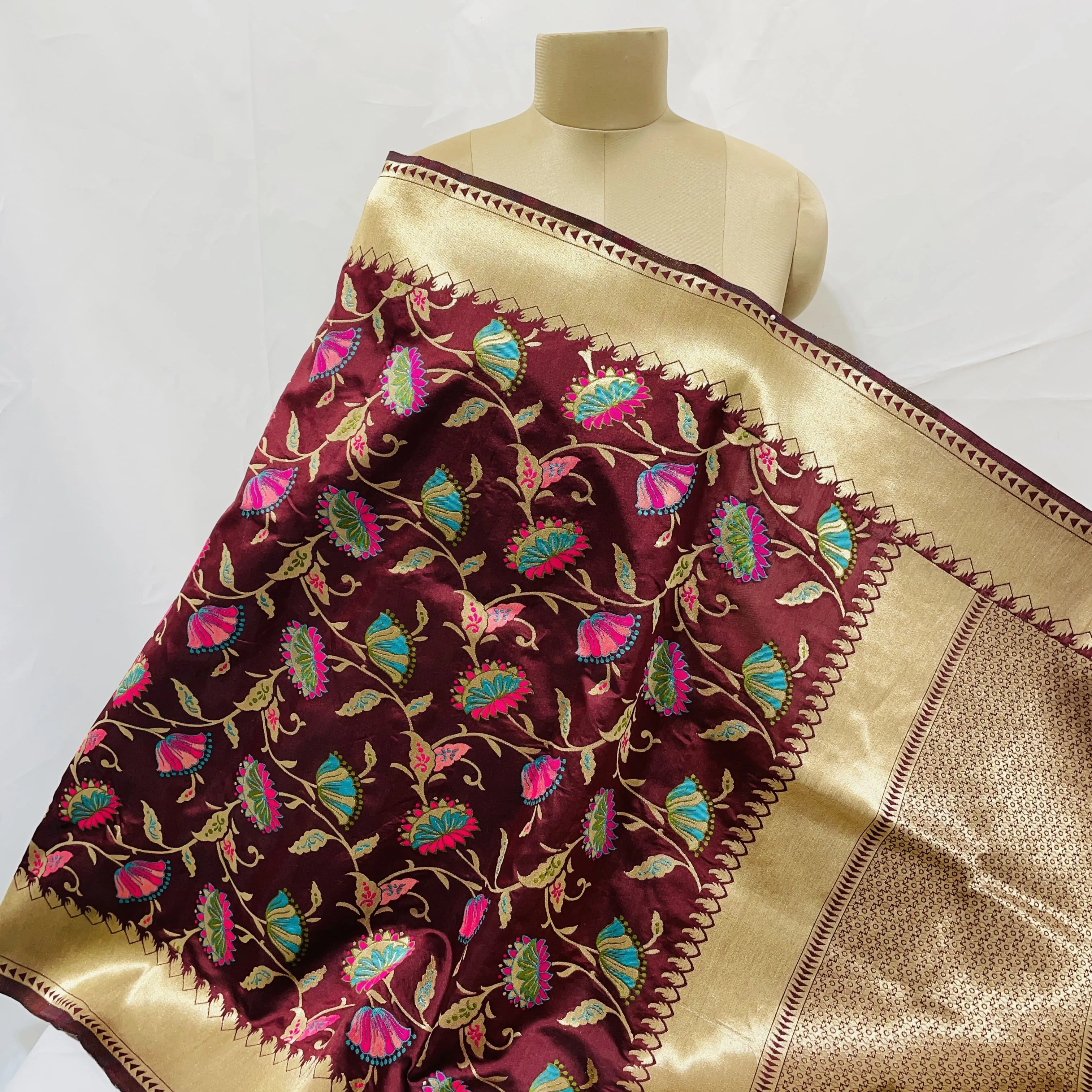 Premium Wine Floral Print Banarsi Jacquard Dupatta