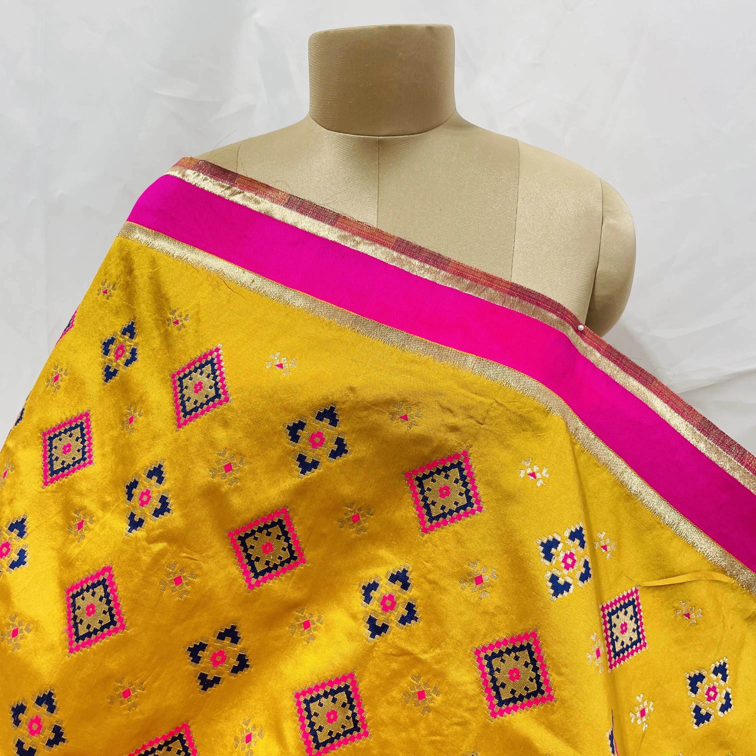 Premium Yellow Blue Geometrical Print Banarsi Jacquard Dupatta