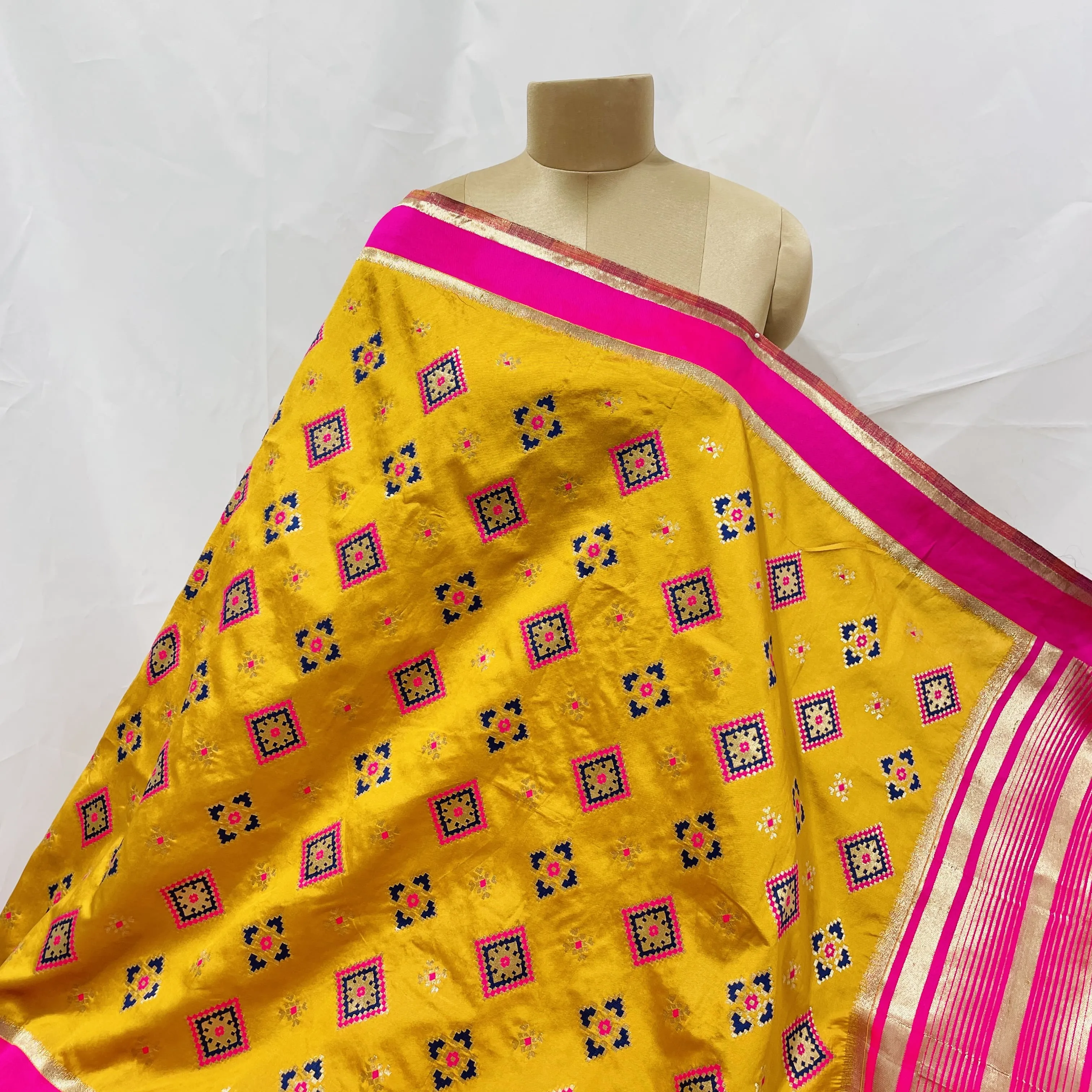 Premium Yellow Blue Geometrical Print Banarsi Jacquard Dupatta