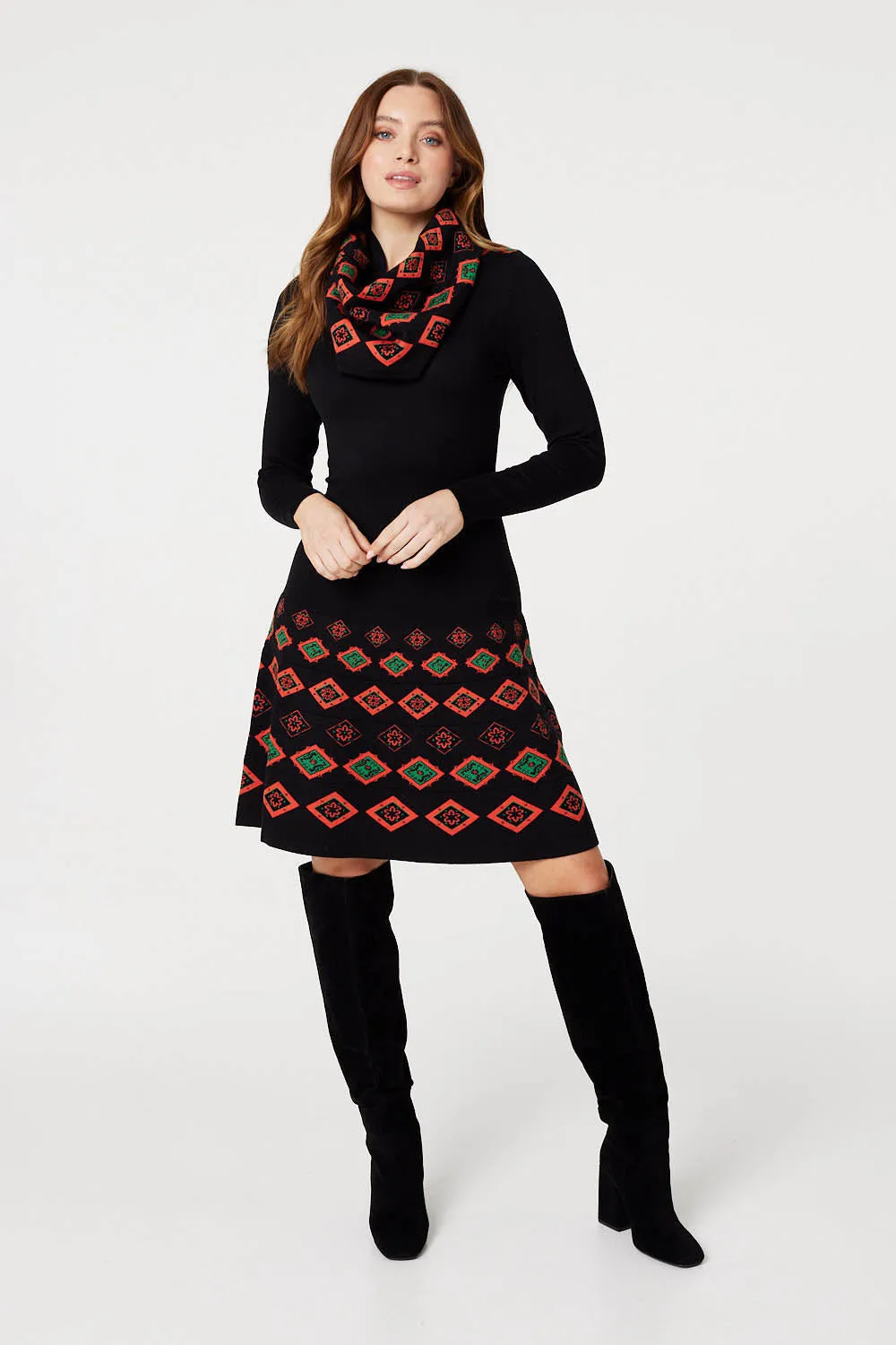 Printed Fit & Flare Knit Dress