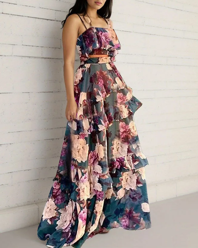 Printed halter top layered maxi skirt two-piece set