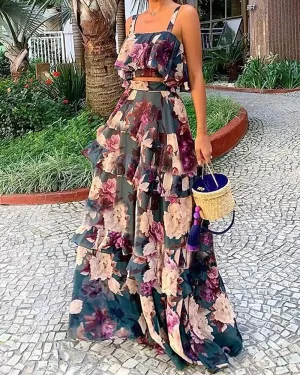 Printed halter top layered maxi skirt two-piece set