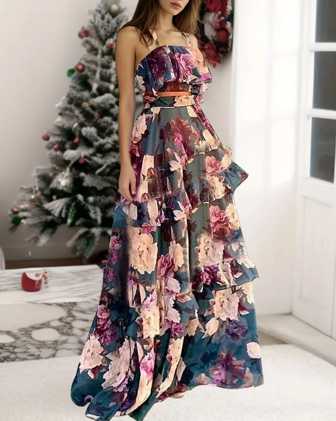 Printed halter top layered maxi skirt two-piece set