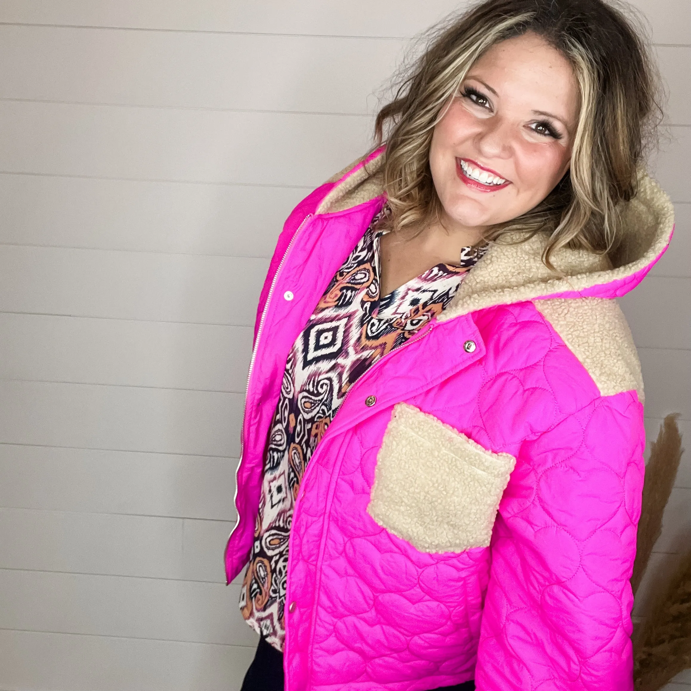 "I Heart You" Heart Quilted Jacket with Sherpa Details