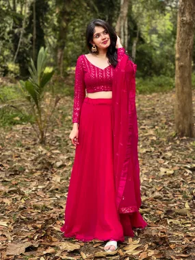 Rani Pink Color Plain Work Blooming Georgette Lehenga Choli