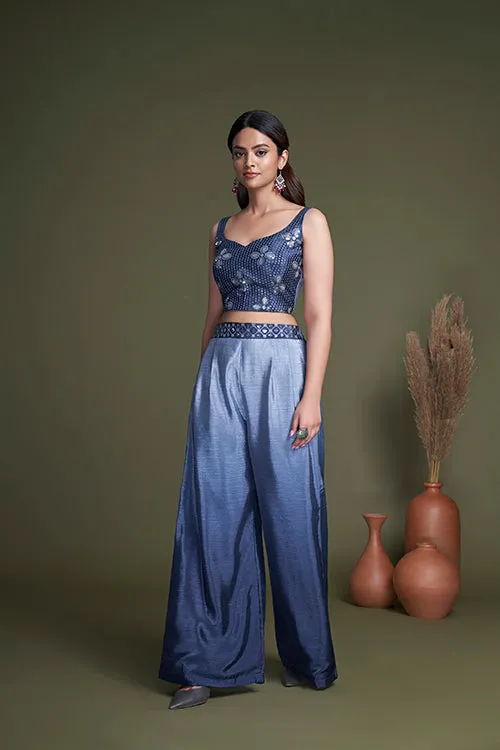 Ready to Wear Navy Chinon Embroidered Koti Style Palazzo Collection