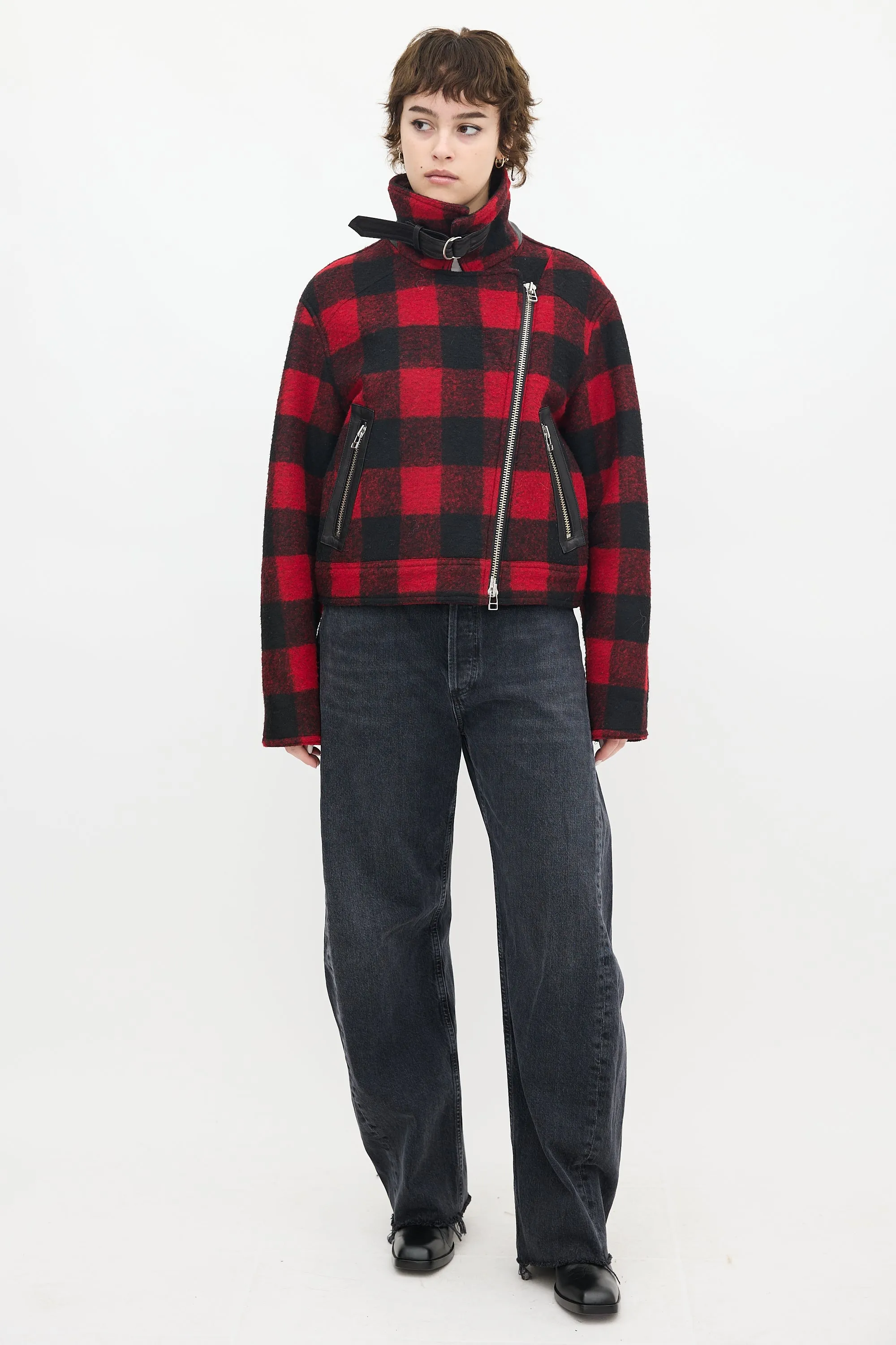 Red & Black Wool Plaid Benni Moto Jacket