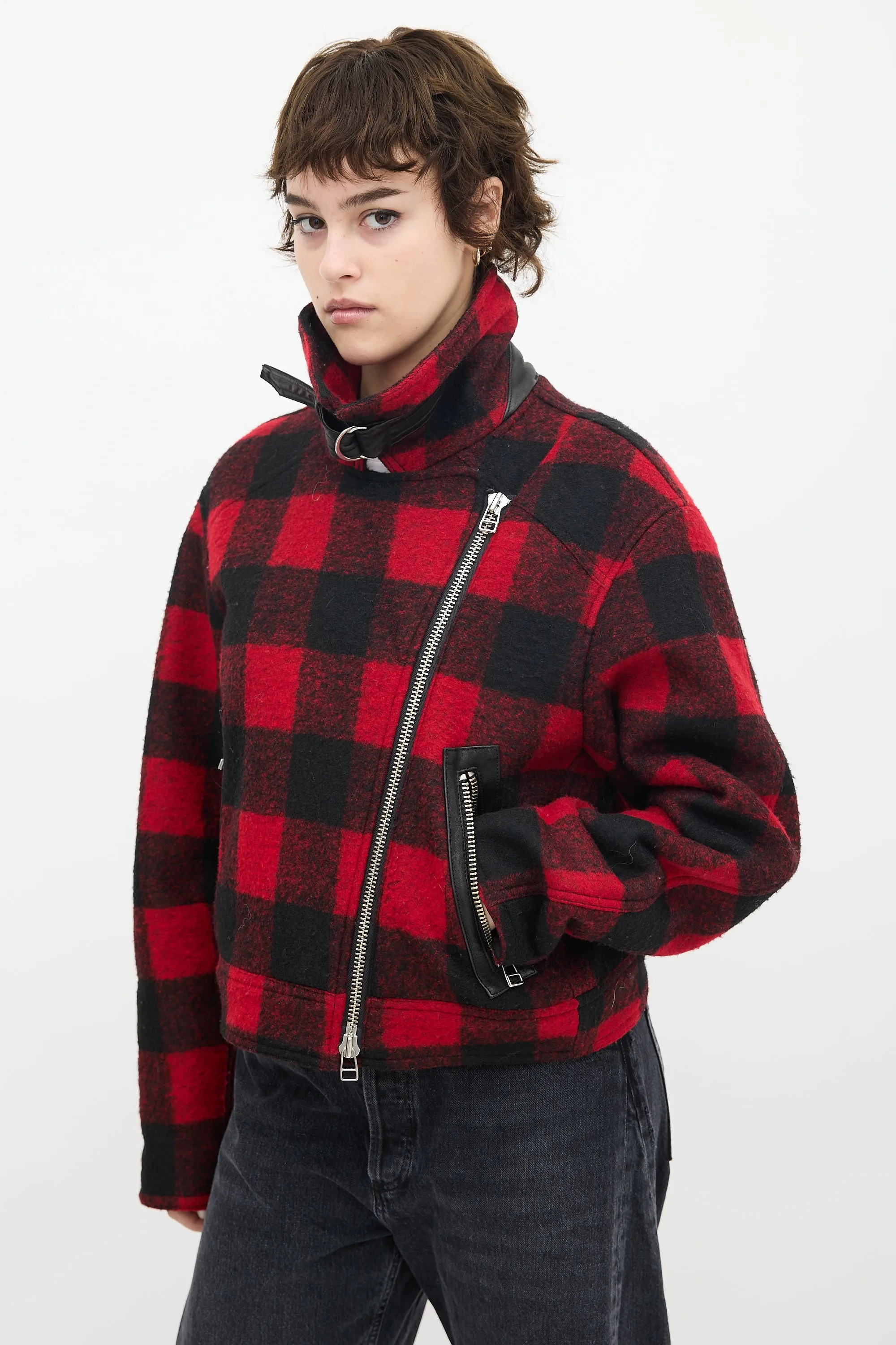 Red & Black Wool Plaid Benni Moto Jacket