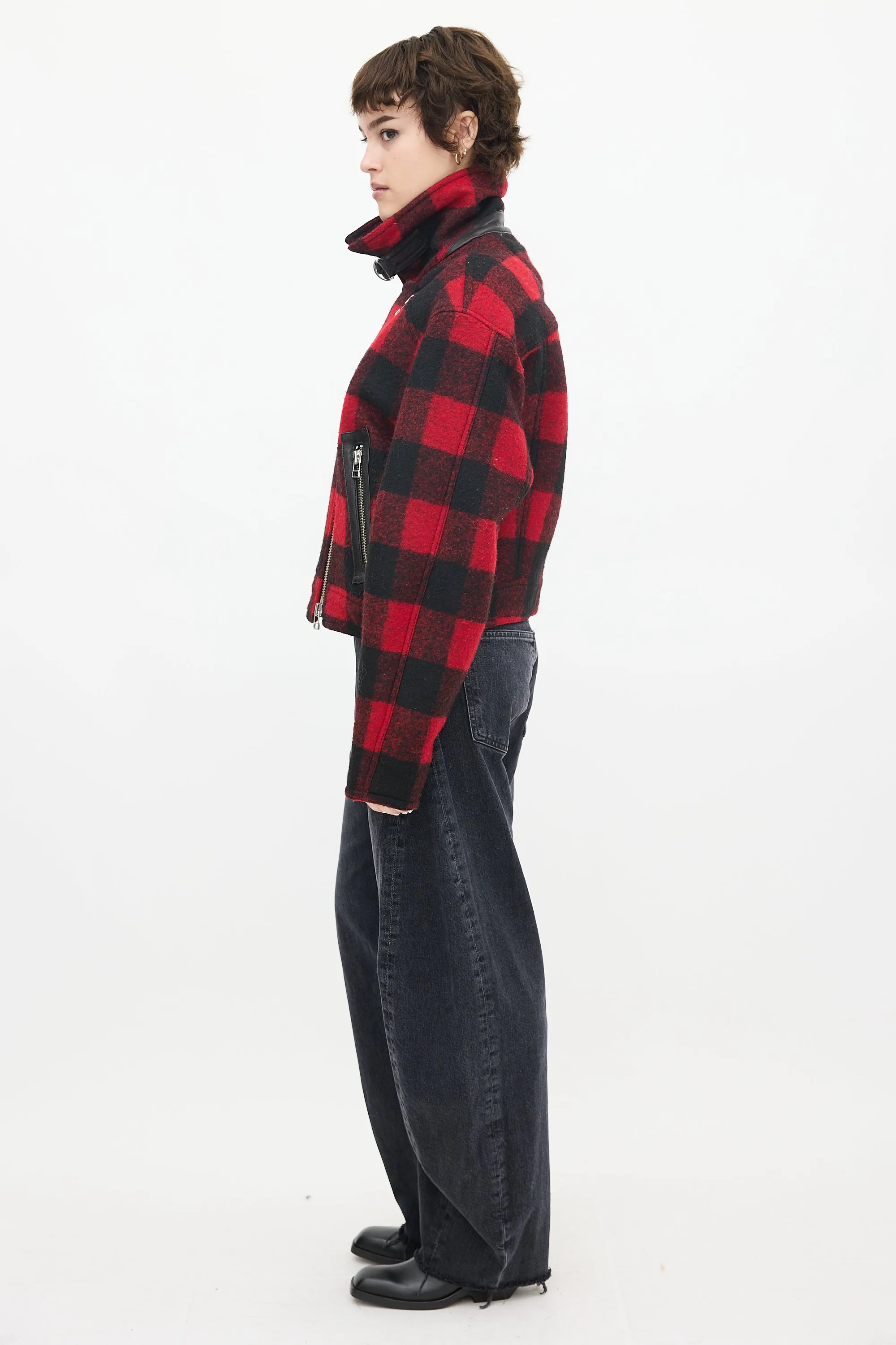 Red & Black Wool Plaid Benni Moto Jacket