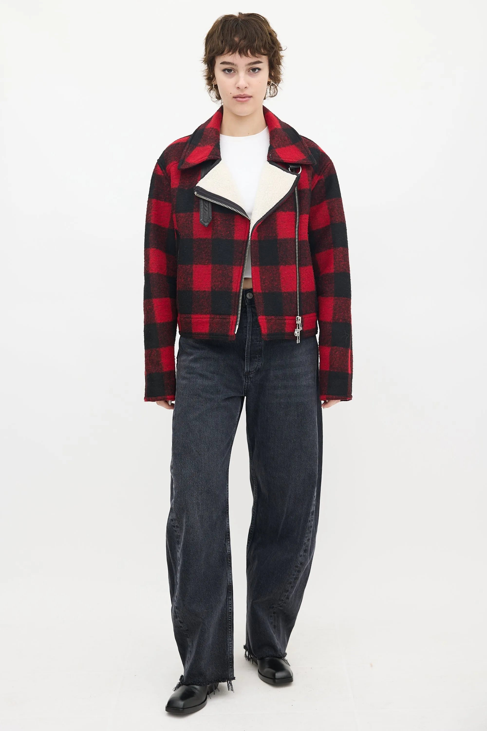 Red & Black Wool Plaid Benni Moto Jacket