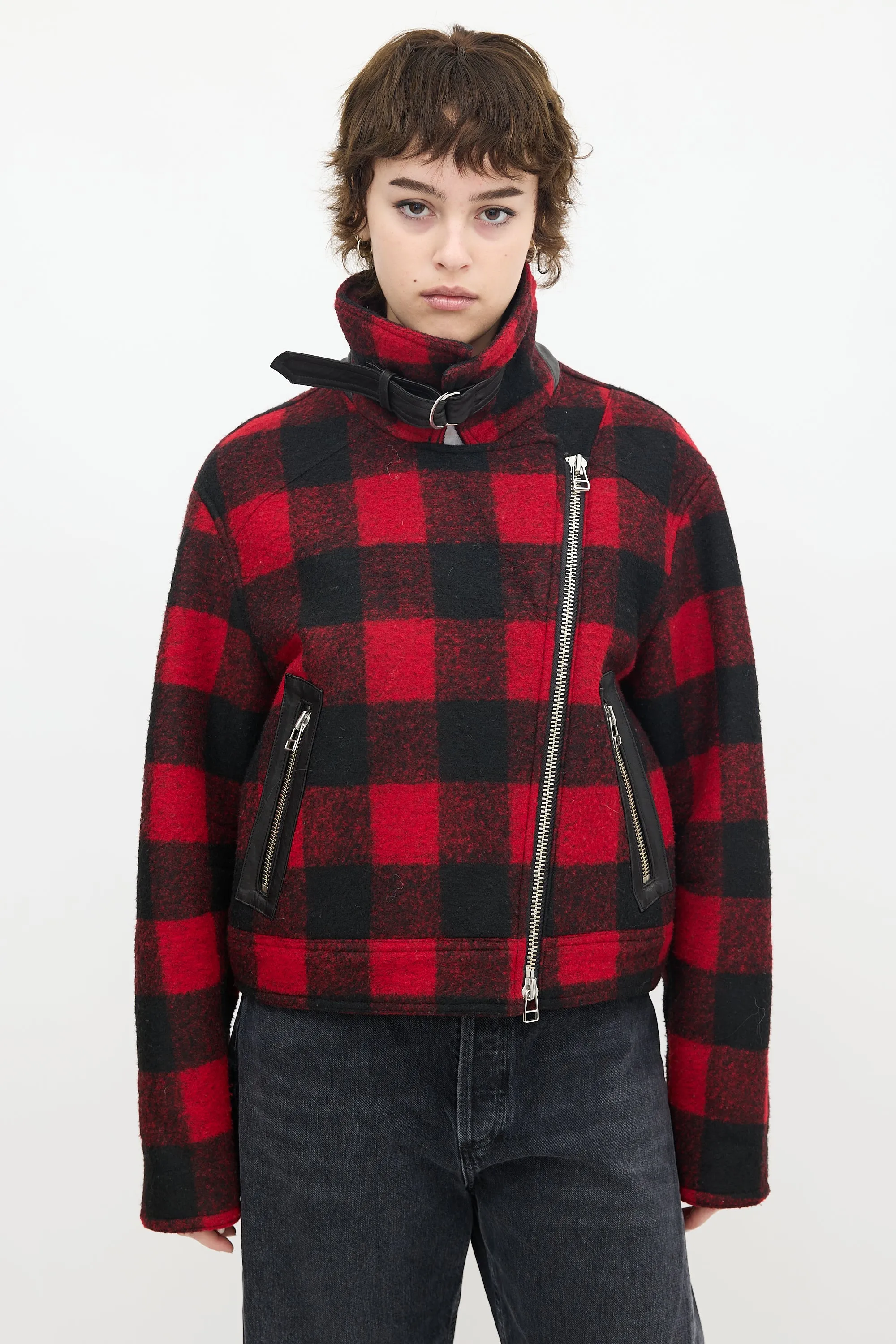 Red & Black Wool Plaid Benni Moto Jacket