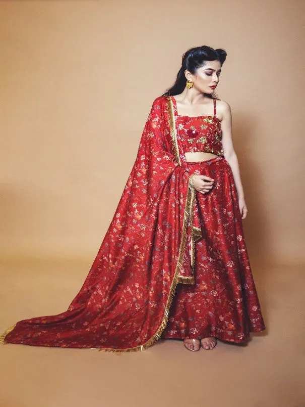 Red Chanderi Silk Lehenga Set (Set of 3)