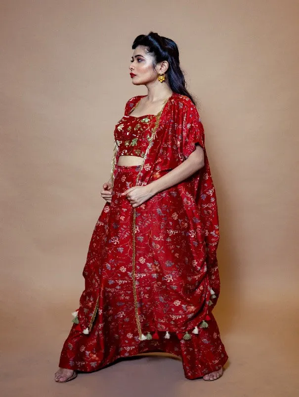 Red Chanderi Silk Lehenga Set (Set of 3)